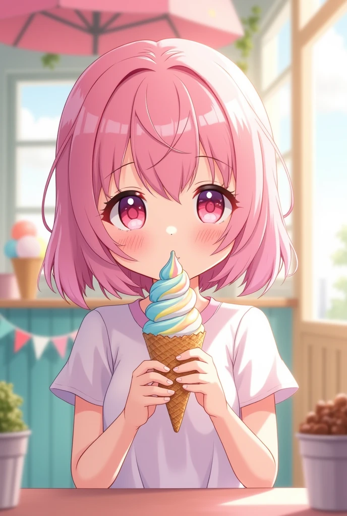 a cute anime girl with short pink hair and pink eyes eating ice cream please
