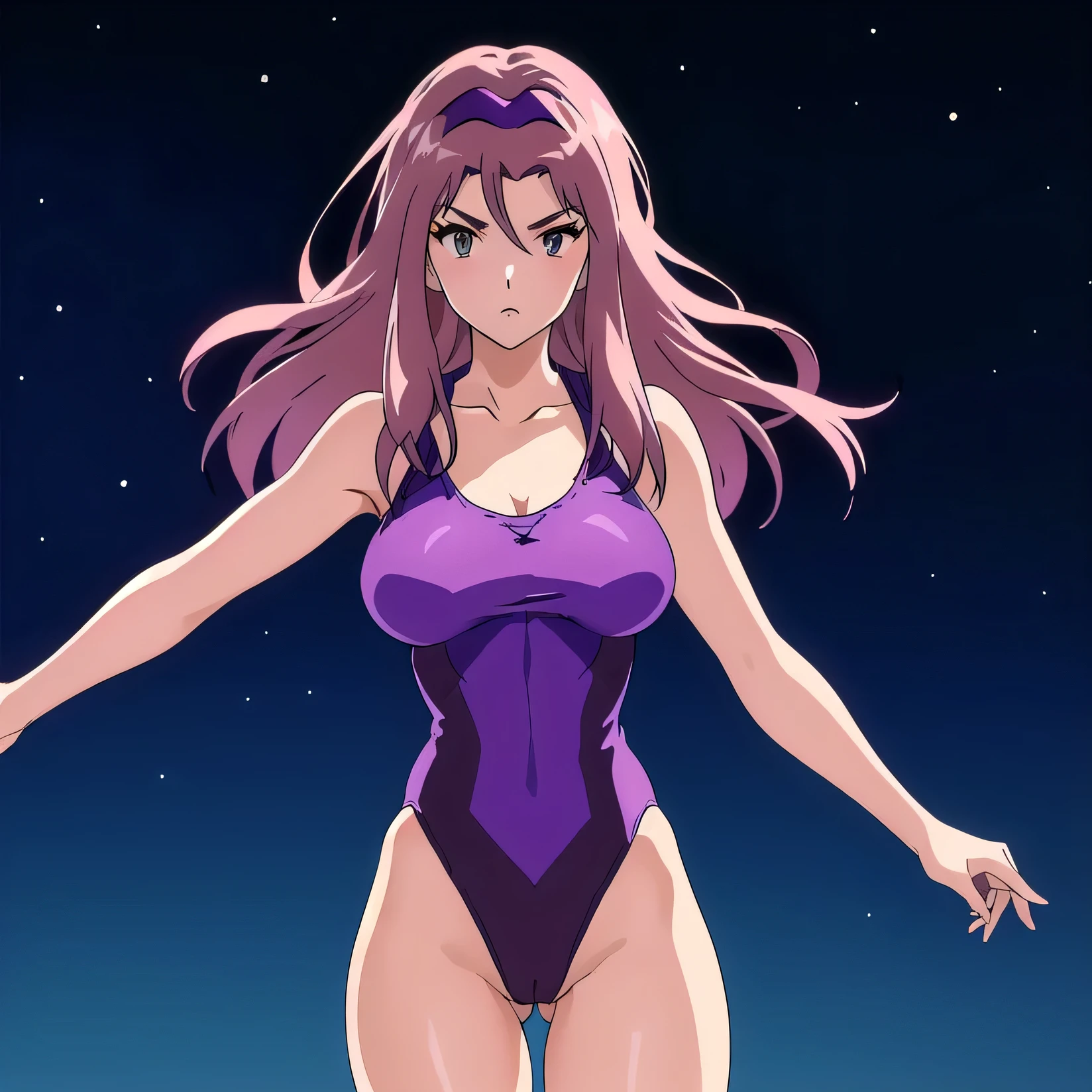 Close-up of a woman with long purple hair, Brown eyed woman, solo, Big Breasts, had very large breasts, Made by Anime Artist Studio, Boobs, clothing:Purple leotard, A woman is standing, leotard with an purple, Anime Style, Muscular Woman, feminine and muscular, Skin-tight leotards, tall, High school girls, Adult sex appeal, Wore pantyhose, Anime dick!!!!, Skin tight pantyhose, leotard top with an tank top, leotard bottom with an high leg,pantyhose with an brown, Bare shoulders, Bare Arms, Leotard and pantyhose only, Cowboy Shot, looking at viewer, Female focus,