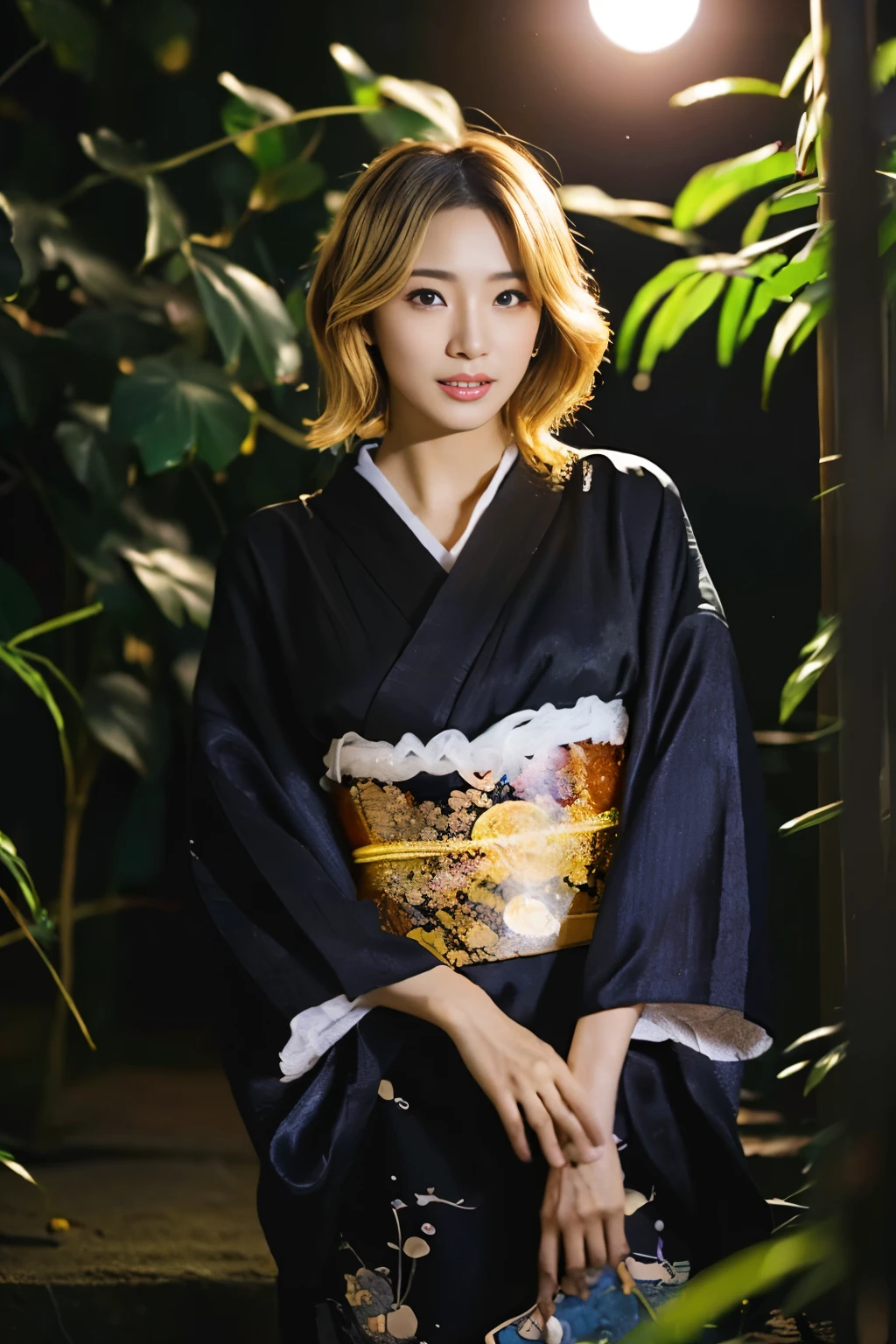 (masterpiece:1.2), ultra detailed, ultra high res, (realistic, photo realistic:1.37), high detail RAW color photo, professional photograph, an extremely delicate and beautiful, extremely detailed, finely detail, huge file size, extremely detailed beautiful girl, extremely detailed face, extremely detailed eyes, extremely detailed skin, extremely detailed nose, extremely detailed mouth, perfect anatomy, highly detailed background, shiny skin, (Japanese famous actress:1.5), (gyaru), flat chest, looking at viewer, (dynamic pose:1.4), dynamic lighting, (brown race, dark skin, blond hair:1.5), (very shortcut hair:1.3), (full body), (moonlight:1.5), (Black kimono:1.2), (with floral pattern),