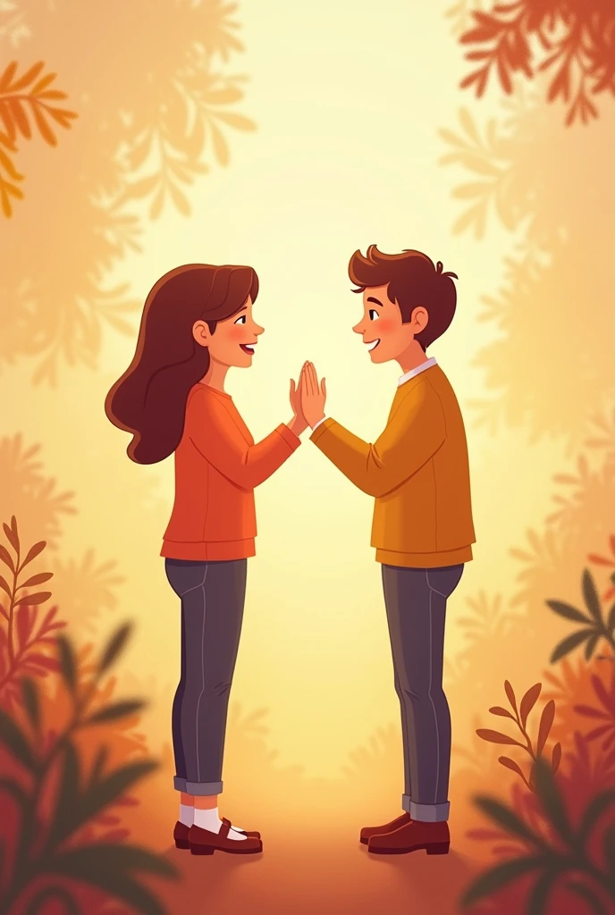 two people engaging in a friendly handshake or a face-to-face conversation, with warm, inviting colors like oranges and soft yellows.
Color Palette: Warm and inviting tones for human connection; 
