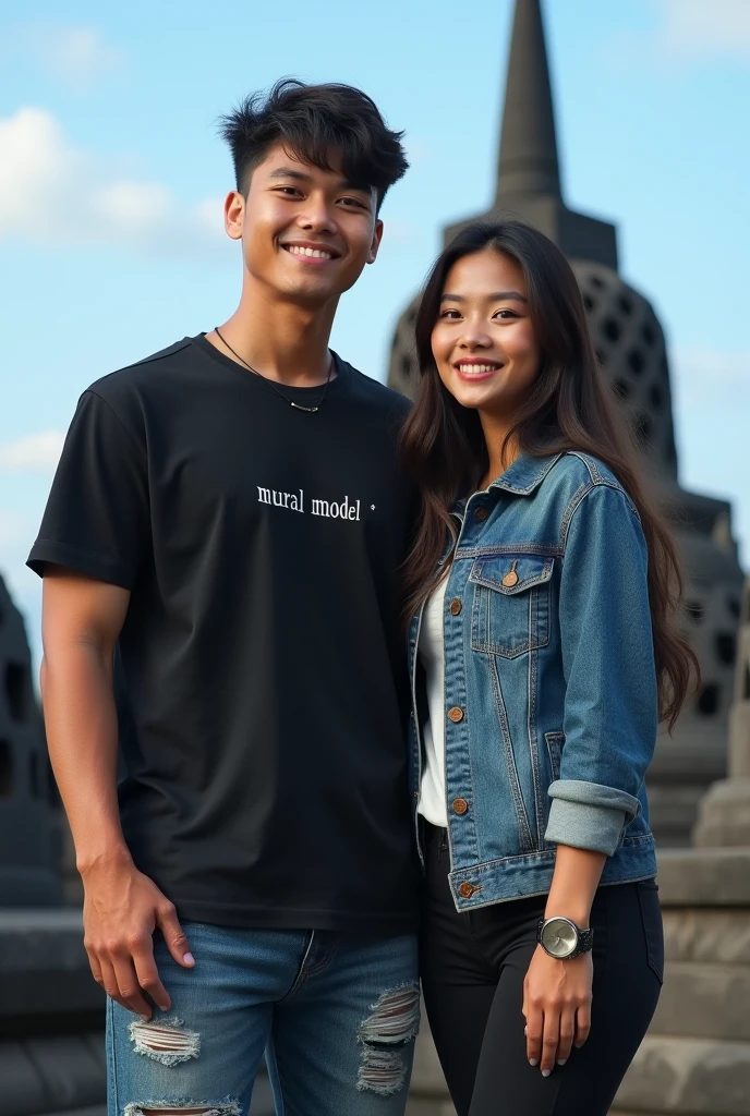 Portrait of a stocky young man,indonesia wearing black t-shirt,on the shirt there is the word mural model * Ngadi,and ripped jeans at the knees,and young Indonesian woman with long hair wearing a slim denim jacket walking wearing shoes,in front of borodur temple best quality,real,face in front of the camera,Blue sky

