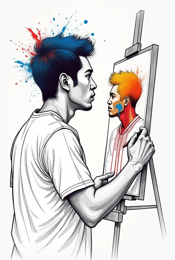 Make a Line art a filipino man painting himself in a canvas like a mirror, half  body of him, make it something is coming out of him,  passion, his creativity , his culture, his motivation, inspiration, the culture of philippines, add drops of color 