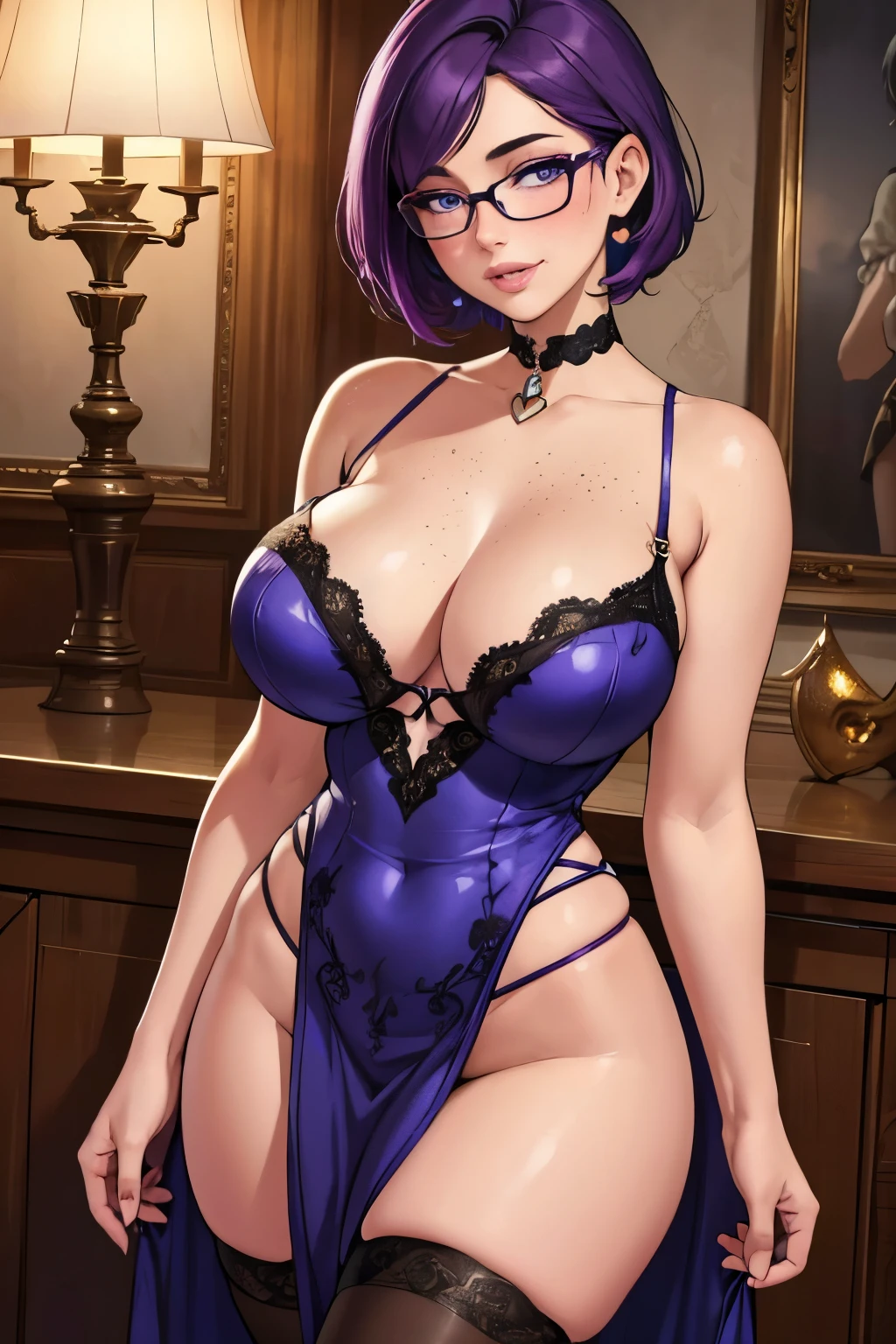 beautiful detailed eyes, beautiful detailed lips, extremely detailed eyes and face, long eyelashes, 1girl, purple hair, blue eyes, extremely short hair, freckles, framed eyeglasses, heart shaped choker, happy, smiling, blushing, thick lips, full lips, gigantic breasts, very thin body, high leg dress, high leg outfit, dress, thigh-high leggings, high heels, perfect anatomy, detailed background, (best quality,4k,8k,highres,masterpiece:1.2),ultra-detailed,(realistic,photorealistic,photo-realistic:1.37),vibrant colors,soft lighting,portrait