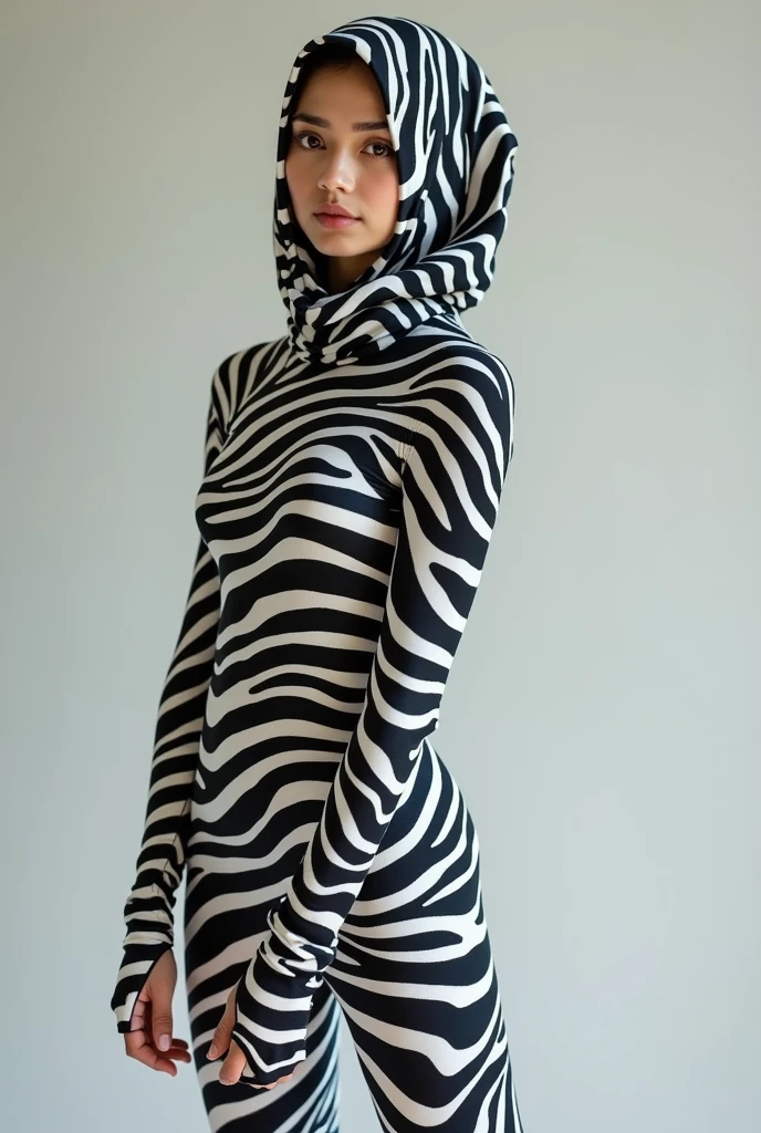 A most beautiful and thin 22 years old Asian muslimah girl wears zebra print Lycra turtleneck unitard catsuit covered with zebra stripes.She always wear zebra Lycra dancewear hijab-like hood.She has beautiful cheeks on her face.