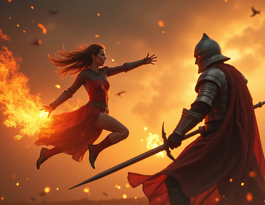 fire mage girl, flies, screams, shoots fire at a fighter in medieval armor, fighter holds shield, is weakening, flies кровь и пыль, hurricane in the background