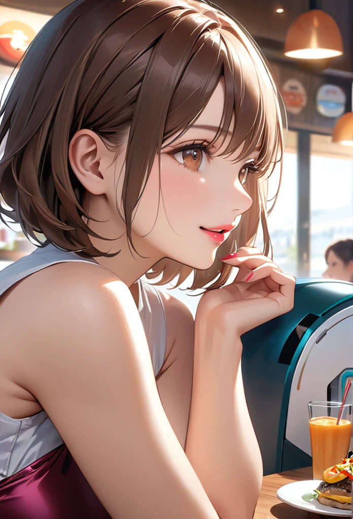 detailed portrait of a young woman, photorealistic, 8k, best quality, masterpiece, ultra-detailed, realistic, high resolution, stunning eyes, perfect features, beautiful brown eyes, flawless contours, perfect proportions, 1 girl, close-up of mouth, profile shot, frontal shot, averted gaze, , short stature, wavy brown hair, short hair, plump lips, pink lips, glossy lips, parted lips, conversing with a food delivery robot, silk sleeveless shirt, silk skirt, low heels, knees bent, arms raised parallel, leaning forward, smiling expression, wide open mouth, family restaurant background, guests eating