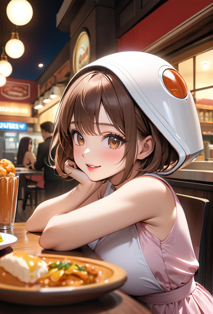 detailed portrait of a young woman, photorealistic, 8k, best quality, masterpiece, ultra-detailed, realistic, high resolution, stunning eyes, perfect features, beautiful brown eyes, flawless contours, perfect proportions, 1 girl, close-up of mouth, profile shot, frontal shot, averted gaze, , short stature, wavy brown hair, short hair, plump lips, pink lips, glossy lips, parted lips, conversing with a food delivery robot, silk sleeveless shirt, silk skirt, low heels, knees bent, arms raised parallel, leaning forward, smiling expression, wide open mouth, family restaurant background, guests eating