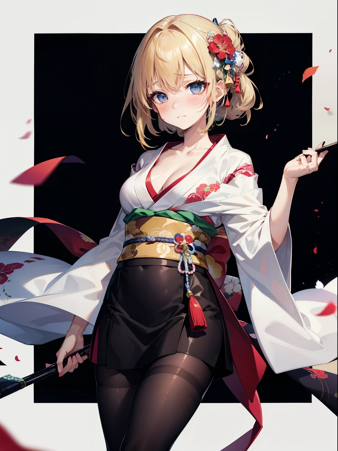 (masterpiece、Highest quality)、［solo］、One person、Blonde、Medium Hair、Cleavage, Medium Breasted, tights, Embarrassed face、Embarrassed face、kimono、半分脱げたkimono、