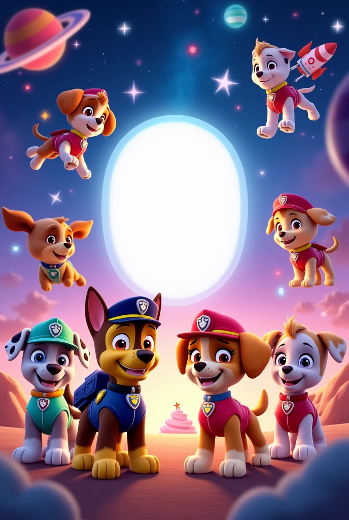 Animated birthday invitation letter for a child with the characters from Paw Patrol and with space to put a photo