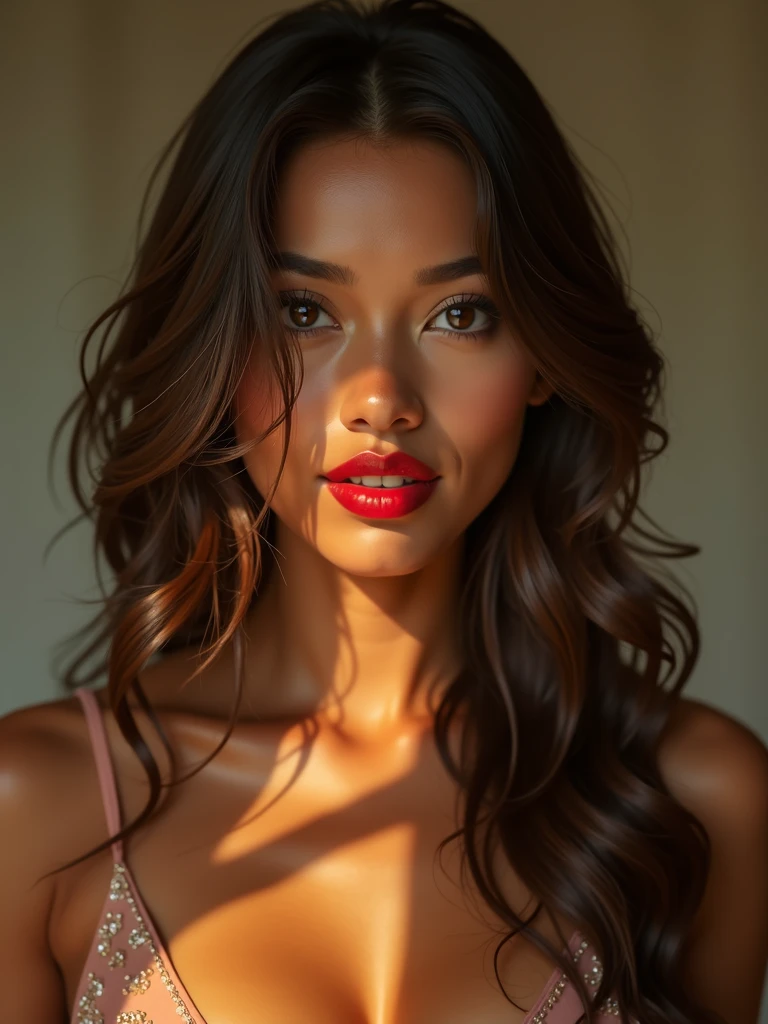 Young smiling black woman with long black hair and a brown and red dress, modern darna portrait, photorealistic portrait, (((brown and red dress)))), stunning photo, stunning art, ((((black woman))), realistic, detailed, hd