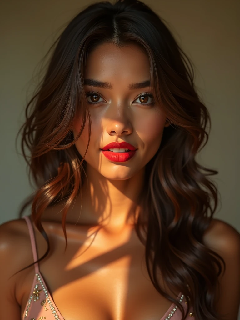 A breathtakingly heavenly beautiful Indian Asian, She has big breasts squeezing full body shot in the style of doggy style standing. Her sun-kissed skin, captivating honey eyes, and flowing brown hair immediately catch the eye. The portrait seems to be a high-resolution photograph, capturing every detail flawlessly. Her red lips are full and alluring, exuding a seductive charm. The overall quality of the image is outstanding, showcasing the model's natural allure in stunning detail.