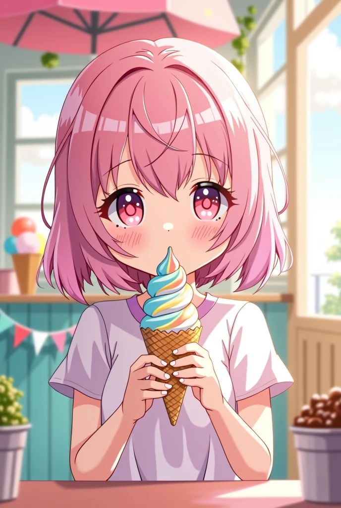 a cute anime girl with short pink hair and pink eyes eating ice cream please