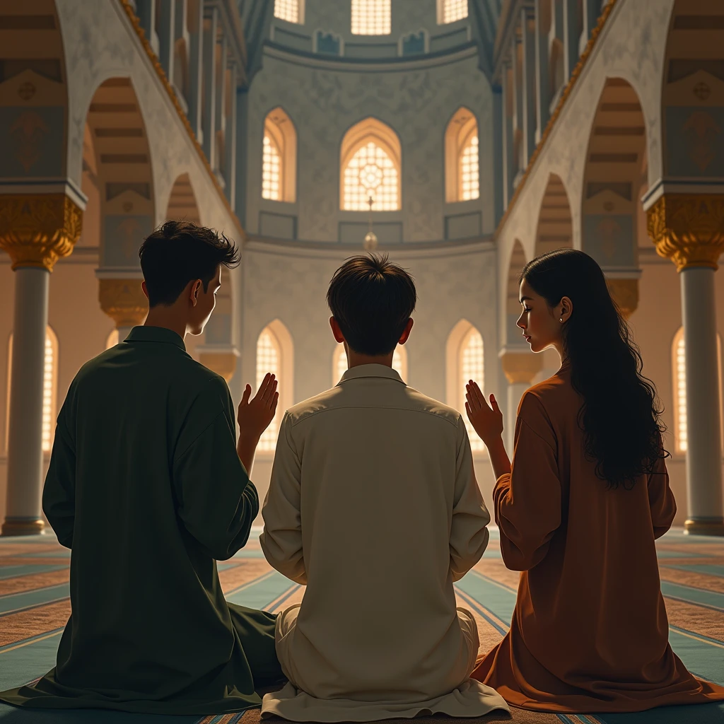 Three friends are praying together in the mosque, their faces calm.