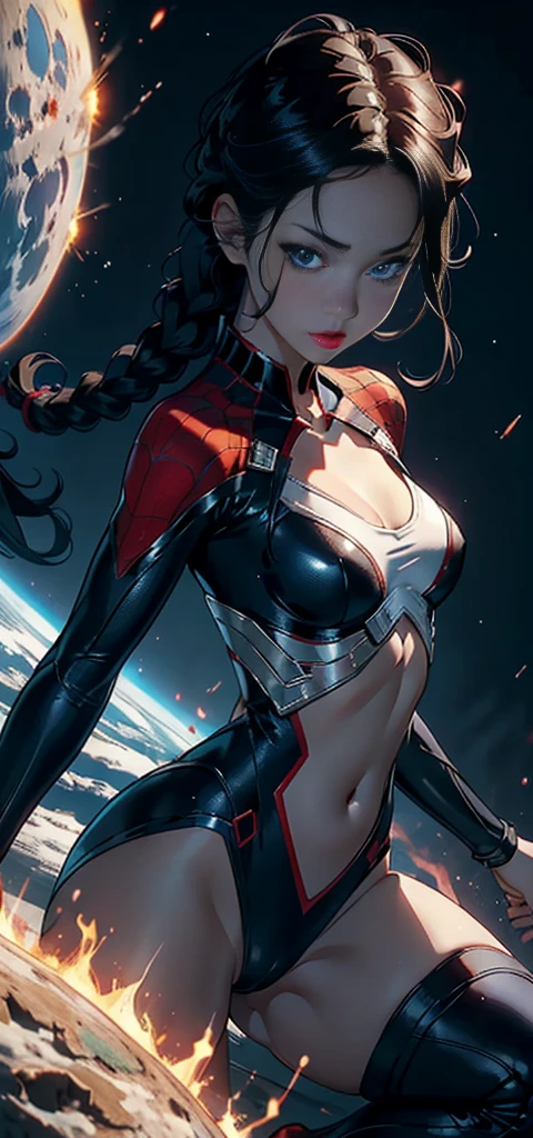 1 female,5 ,small ,Small Breasts, solo,(background:Giant machinery,space ship,space) She has short black hair,Twist braids,从front看, Straight Hair,,(((masterpiece),(Very detailed CG Unity 8k wallpaper),Best quality,Movie Lighting,详细background,Beautiful and delicate eyes,smart student,blue eyes,Snow-white skin,Red lips(Very delicate and beautiful),(Beautiful and detailed description of the eyes),Extremely detailed,masterpiece,))Facing the camera,high resolution,Extremely detailed),Exposing breasts,Exposed genitals, Convex,Legs open,性感Convex起,Camel toe,Flushing,Desire Dissatisfaction,front,spiderman uniform,