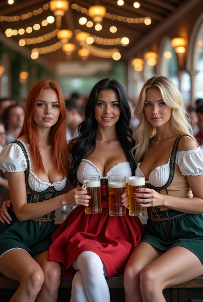 ultra realistic, photography, three girls: one with long straight red hair, (24 years old, hourglass figure, perfect body, natural medium breasts), the second one: long black straight hair, (30 years old, hourglass figure, perfect fit body, natural big breasts), the third one with long straight blonde hair, (wavy elegant hair, blue eyes, perfect round lips, 22 years old, gorgeous face, voluptuous figure, perfect fit body, big enhanced breasts), they have perfect round cleavage, great cleavage, they are wearing traditional Dirndl dresses with a perfect cleavage, they are wearing white thigh high stockings, it is a sunny day, posing sexy, hey are sitting at a beertable at Octoberfest and are holding a huge mug of beer with both their hands, around them are a lot of men in lederhosen
