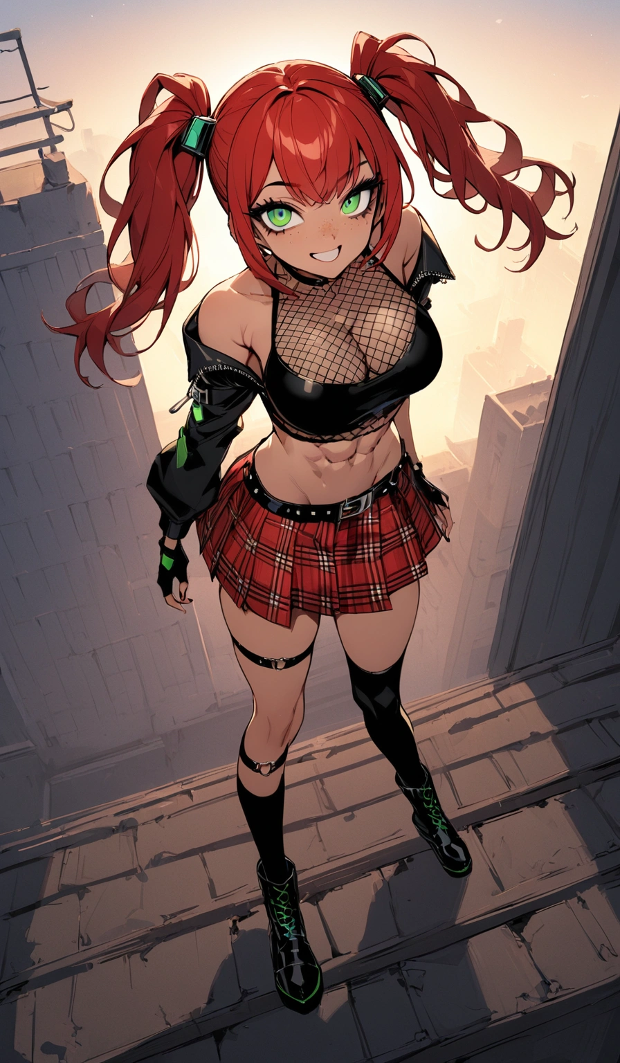 woman, grin, curly red hair in pig tails, green eyes, black eyeshadow, wearing crop top black shirt, long black jacket, red plaid skirt, black knee high boots, black fingerless gloves, exposed shoulders, large breasts, freckles, abs, cleavage, looking up at viewer, masterpiece, best quality, Holo-Punk Style, on a rooftop, make up, eyelashes, fish net undershirt, fish net stockings, (full body)