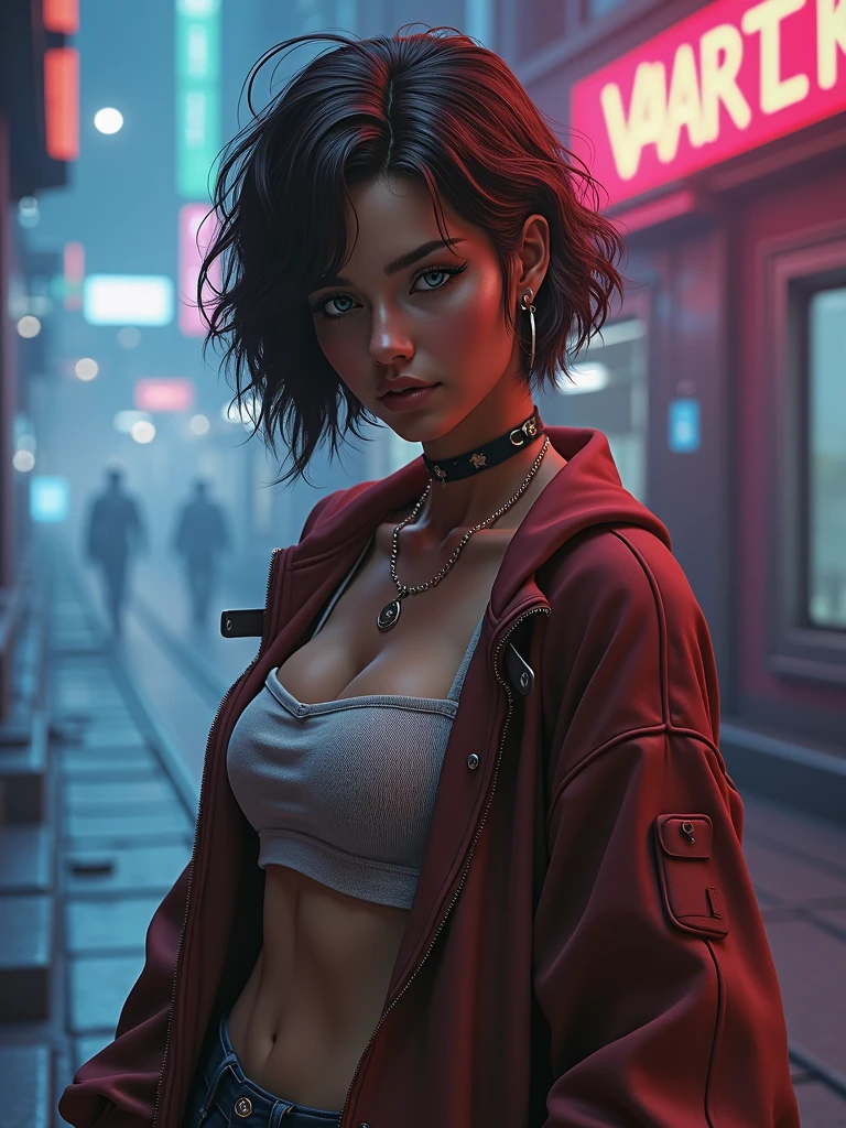 A reaper girl, 23 years old, brown short hair, 8k, highest quality, fantasy, vibrant colors, futuristic, brown skin, beautiful casual clothes