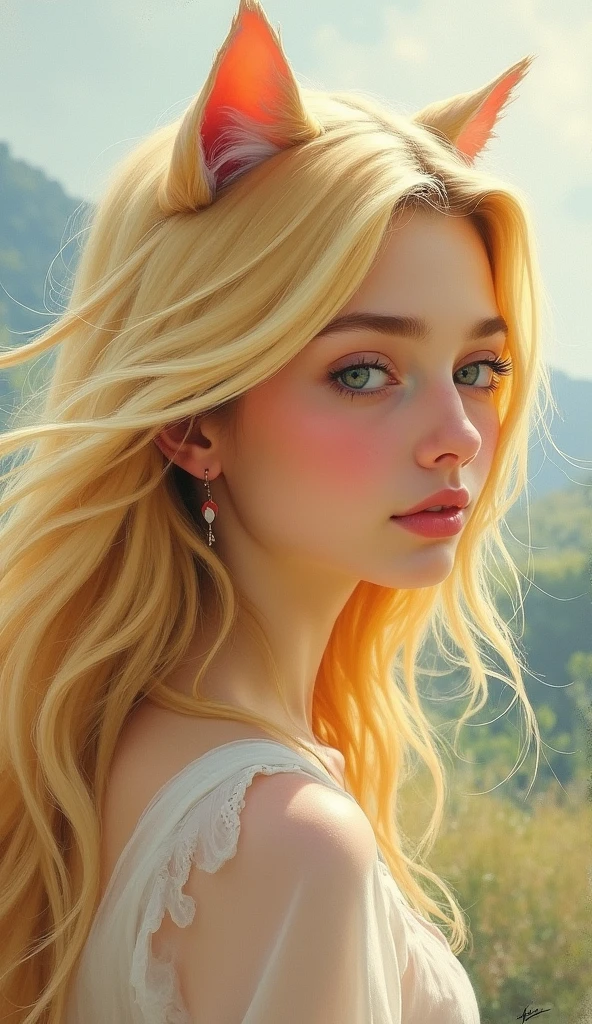 Long Hair, Blonde Hair, Cat Ears, From Side, Impressionism,