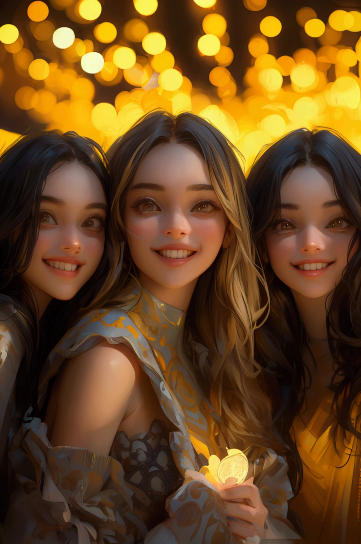 ((Best quality, masterpiece)), five lifelong friends, warmly embracing, smiling ear-to-ear, surrounded by lush greenery and a crisp blue sky, basking in the sunshine of a perfect day.