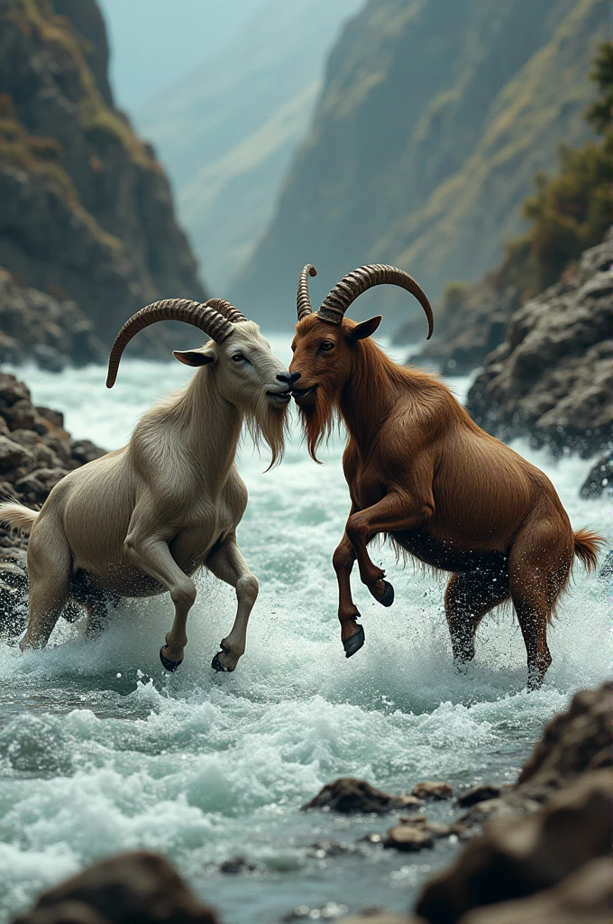 While fighting, the two goats lose their balance and fall into the stream.The story ends with both goats suffering due to their stubbornness and refusal to compromise.
