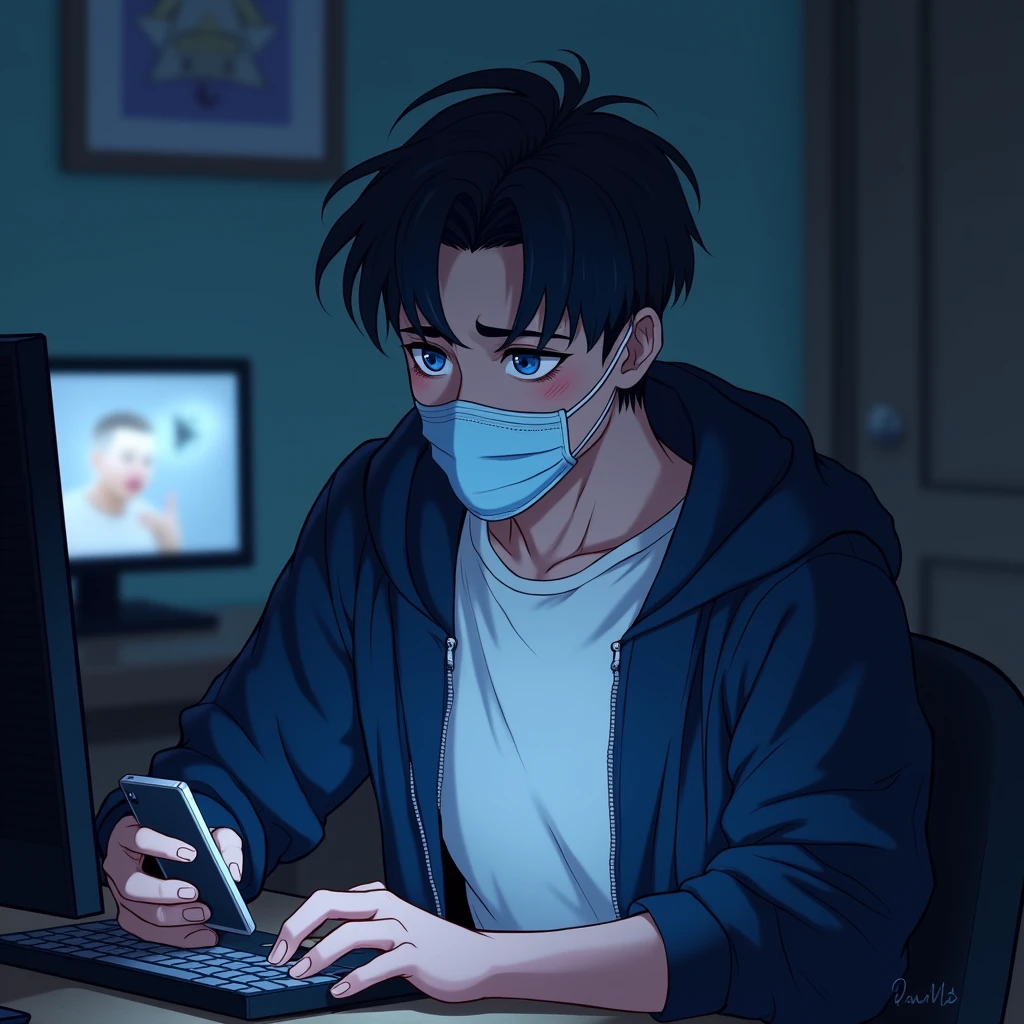 One person,Handsome,Black Hair, blue eyes, White T-shirt,Navy blue jacket,smartphone,computer,mask,Anime Style,An illustration,Drooping eyes,Illness,night,Streamer asymmetrical hairstyle,