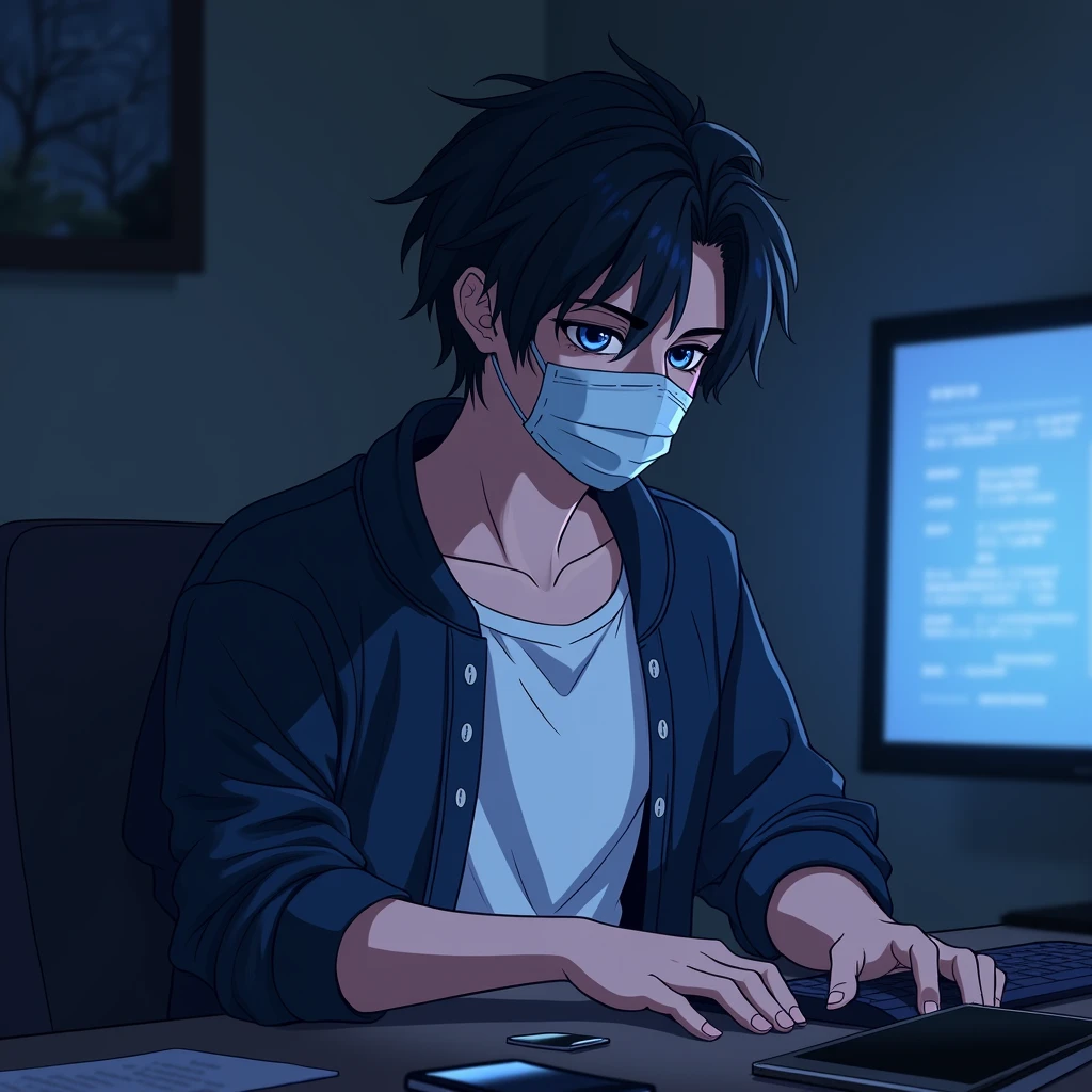 One person,Handsome,Black Hair, blue eyes, White T-shirt,Navy blue jacket,smartphone,computer,mask,Anime Style,An illustration,Drooping eyes,Illness,night,Streamer asymmetrical hairstyle,
