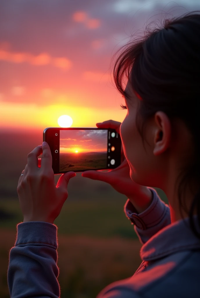 Close-up of a person using the Galaxy S24 Neo to capture the sunrise with the Neon AI Camera. The camera’s interface shows AI enhancements in real-time.]