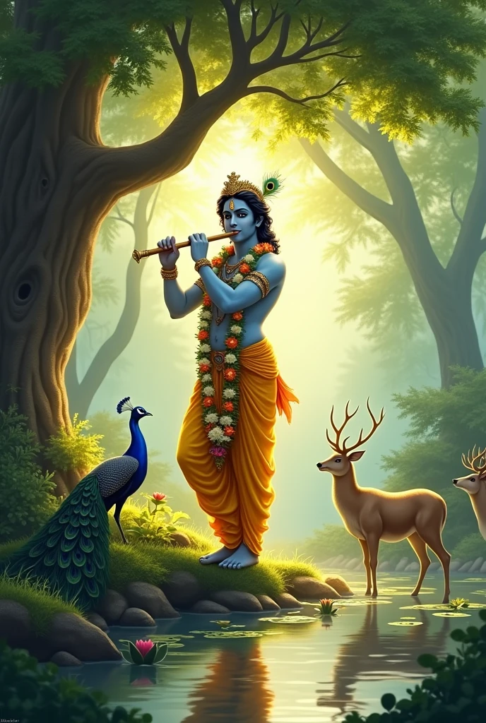 **Prompt:**
"A serene, divine illustration of Lord Krishna in a tranquil, lush forest. He stands gracefully under an ancient banyan tree, playing the flute with a gentle smile. He is adorned in a yellow dhoti, a peacock feather crown, and a garland of flowers. Peacocks, deer, and other forest animals are gathered around, captivated by his music. A serene river flows nearby, with lotuses floating on its surface. Soft, golden sunlight filters through the leaves, casting an ethereal glow over the scene, enhancing the peaceful and sacred atmosphere."