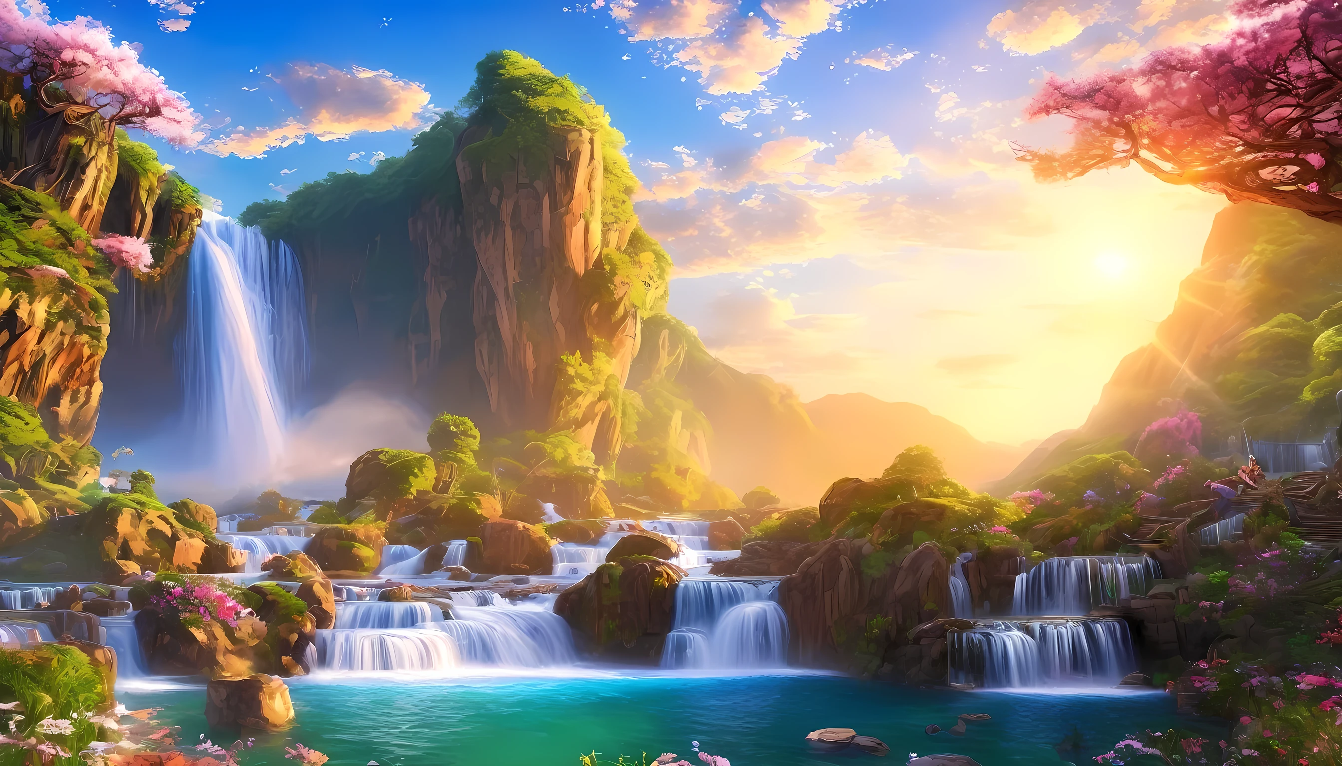 backgroundchinese style, background Immortal Immortal Sect Mountain, Eternal Light, Slightly elevated view, ((background:1.8))
(best quality,masterpiece, complicated,Very detailed,Practical,RAW photos,8k Ultra HD,Ultra-high resolution,photoPractical style,Movie Scenes, Clear focus,la lueur de,Very detailed CG Unity wallpaper) ,seam,Tower and waterfall,sunrise,