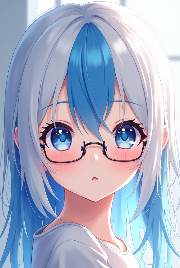 Anime girl with glasses, blue and white hair with alternating colors and patterns