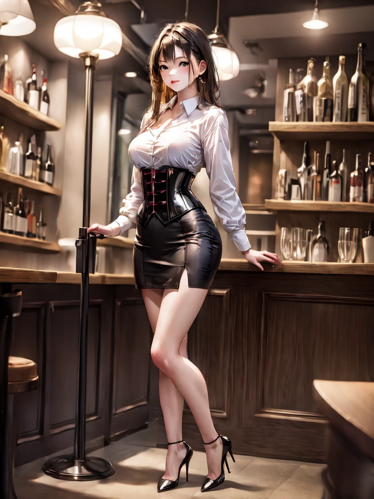 (masterpiece, best quality, highest quality, Masterpiece, 8k:1.5),((Full Body Shot,Including face,1girl)), ((Focus on the face,Symmetrical facial features)), Beautiful woman, (slender), ((High heels)), Detailed depiction of the face, Cafe,bar, (skirt,corset,clerk,uniform),Inside the store,Window Cleaning, (multiple:-1.2),(kawaii:1.2)