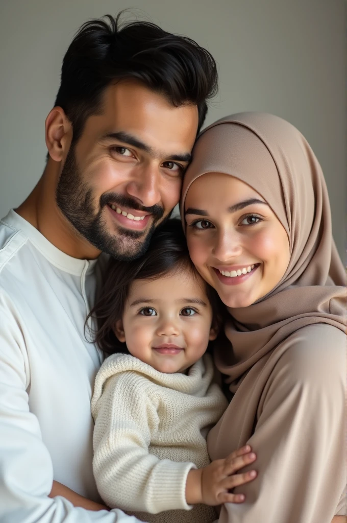 A 28 year old father and a 25 year old mother are taking a family photo with a 2  daughter in a close-up family photo wearing Muslim clothing.