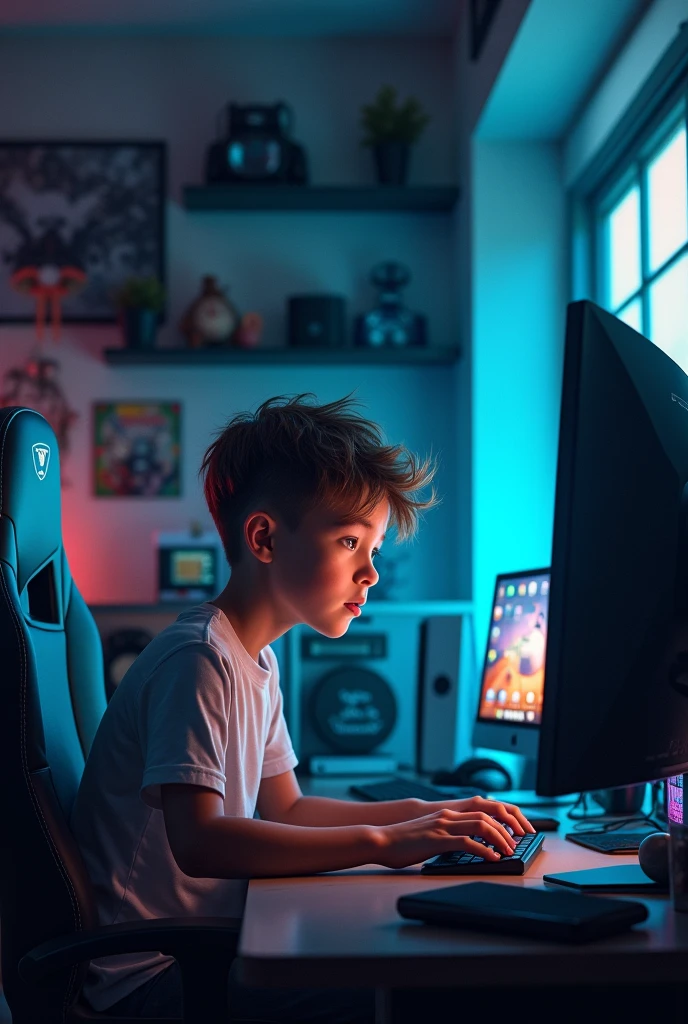 Cut to a boy and there is a PC in front of him. On that PC he is playing games and he is looking at me. His room is a gaming room.