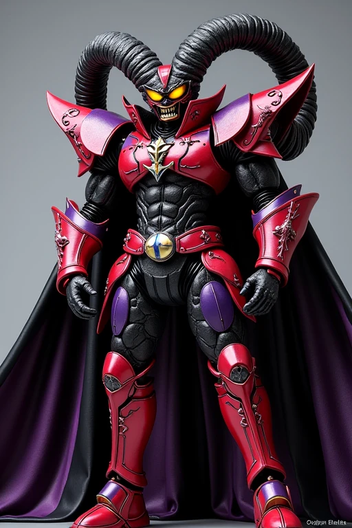 **Kamen rider Sekuros Design Overview**

---

### **Overall Design Concept:**
- **Motif:** A design symbolizing a demon, a dark lord, and a black sheep, giving off a menacing aura. The overall appearance is bulky, exuding an intimidating presence.
- **Color:** Primarily black, with red and purple armor pieces placed throughout. The dark color scheme is enhanced by these vibrant accents, emphasizing its strength.

### **Head:**
- **Horns:** Twisted, menacing horns modeled after a black sheep, symmetrically protruding from both sides. The horns feature fine cracks and rough textures, adding an eerie, cursed look.
- **Compound Eyes:** Sharp yellow compound eyes that give the impression of a predator targeting its prey. The eye area is shaded with black, emphasizing the depth and shadows.
- **Mouth:** The mouth is contorted into a twisted smile, exuding madness with its unnatural curve. Sharp fangs are exposed, creating a design that instills fear in anyone who sees it.

### **Body and Armor:**
- **Body:** The black base body is outfitted with red and purple armor. It has a heavy, solid appearance with a texture resembling rugged steel, with spikes and studs placed across various parts.
- **Armor Placement:** Red and purple armor pieces are alternately placed on the chest, shoulders, arms, and legs, creating an asymmetrical yet balanced look.
- **Lines:** The body and armor feature white lines running sporadically, subtly reflecting light even in darkness. The lines resemble symbols or magic circles.

### **Back and Waist:**
- **Cape:** A black cape is attached to the back, billowing with each step. The inside of the cape is a deep purple, standing out even in the dark.
- **Robe:** A robe with a red gradient is worn around the waist, resembling rising flames. The hem of the robe is lined with white symbols that look like ancient scripts.

### **Weapon:**
- **Scythe:** Sekuros's iconic weapon is a scythe larger than its own height. The black, razor-sharp blade curves gra