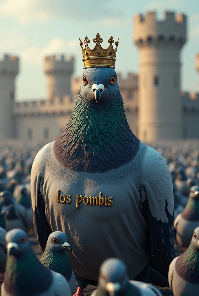 A MUSCULOUS KING PIGEON WITH A CROWN AND A SHIRT WRITTEN LOS POMBIS ON A CASTLE IN THE MIDDLE THAT STANDS OUT IN AN ARMY OF PIGEONS PRINTED ON A SHIRT