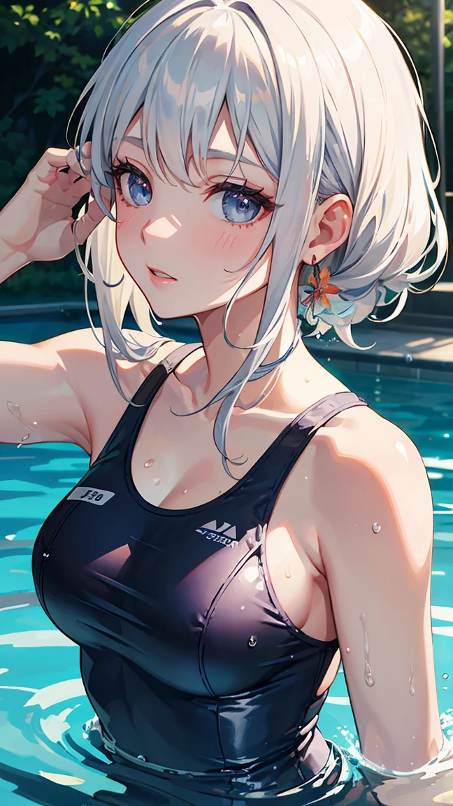 white hair, hair behind ear, Impressionism, ray tracing, backlighting, masterpiece, accurate, textured skin, high details, high quality, highres, super detail, 1080P, detailed face, detailed eyes, Woman swimming in pool, one-piece swimsuit, Splashing water, outdoors, sunny midsummer