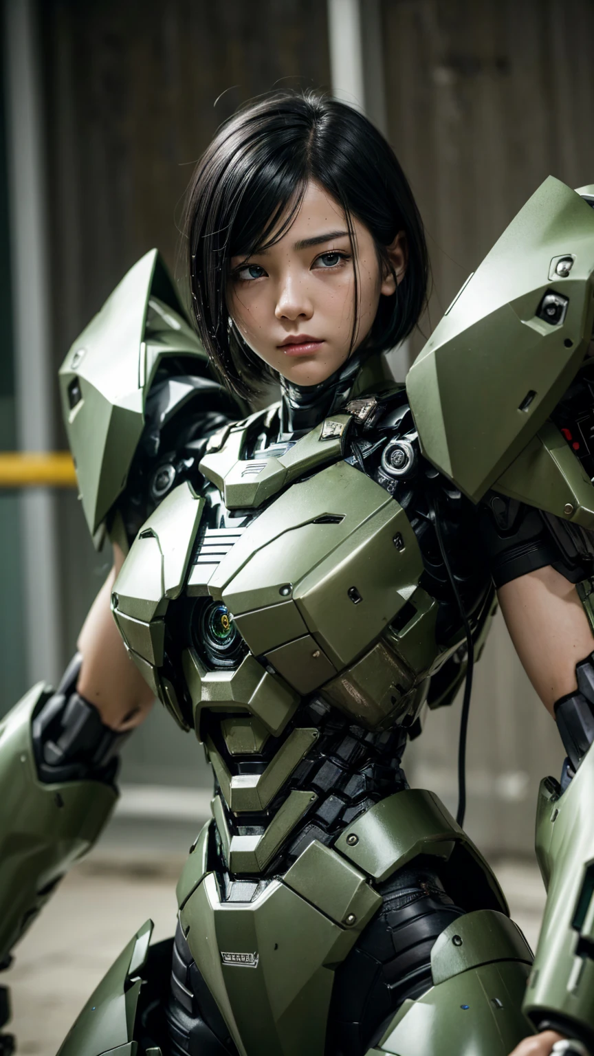 Textured skin, Very detailed, Attention to detail, high quality, 最high quality, High resolution, 1080P, hard disk, beautiful,(War Machine),beautifulサイボーグ女性,Mecha Cyborg Girl,BATTLE MODE,Girl with a mechanical body Black Hair Short Hair Boyish Green Armor Soaked Face liberation Met Off