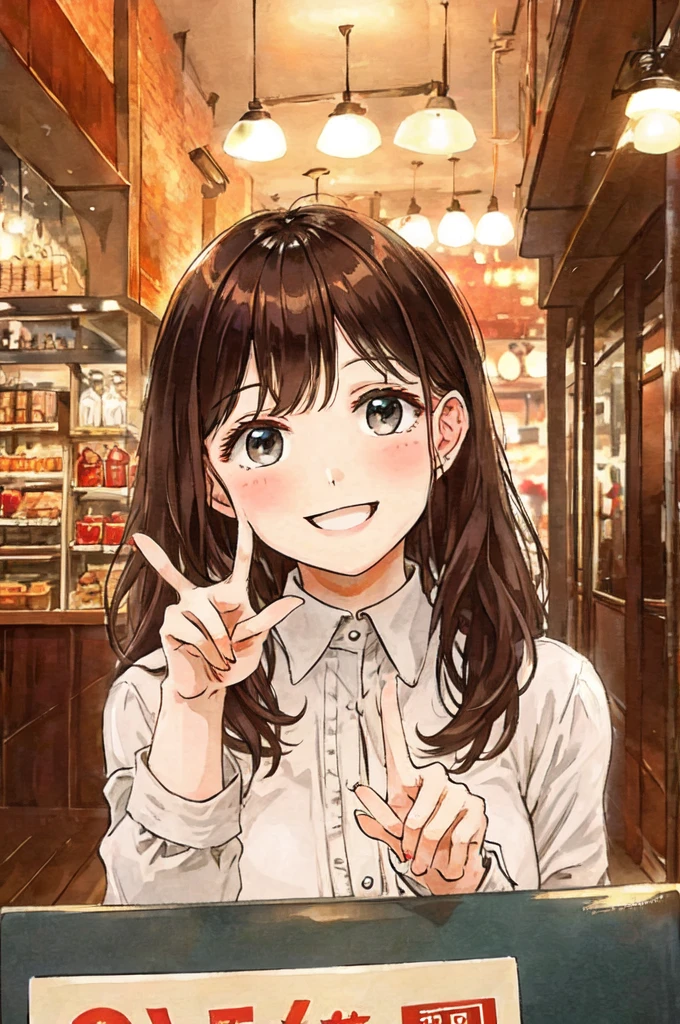 peace sign、A big smile、Where the photo is being taken、Cafe background、Bring it closer to your face