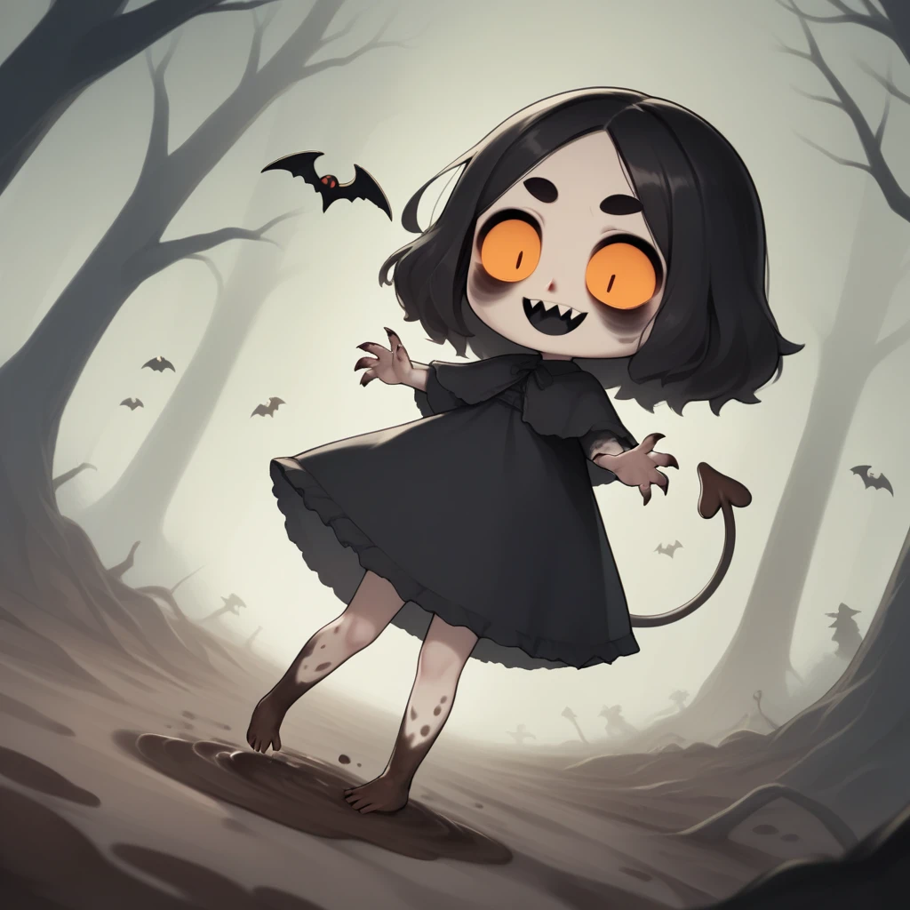 score_9, score_8_superior, score_7_superior, score_6_superior, score_5_superior, score_4_superior, Cute dark horror fantasy in cartoon style, CG Digital Art, Mud Demon, , Mud Lady:1.3, His whole body is made of mud:1.3, Half of his body is fused with the mud