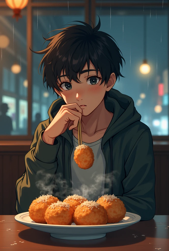 An anime boy sits alone eating takoyaki.