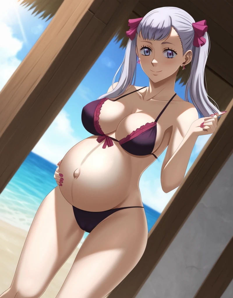 noelle_blackclover, Noelle Silva, Black Clover, long silver hair, waist-length hair, half-up half-down hairstyle, ribbon, side-parted bangs, almond-shaped blue eyes, high-quality, ultra-detailed, beast quality, 8K resolution,
looking at viewer, dutch angle, cowboy shot, smile, pregnant belly, large belly, big belly, big Breasts, belly button, Earrings,
1girl,solo, indoors, beach, happy, Smiling, rub belly, selfing,
full body, Nail polish,