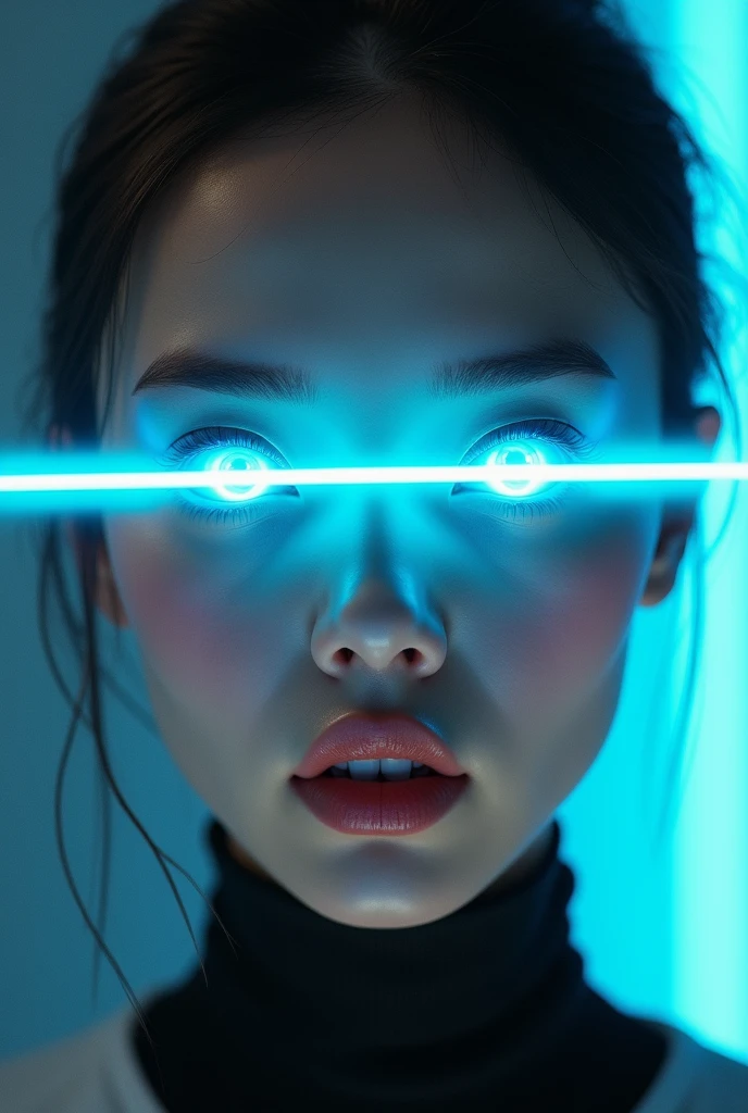 A close-up shot of a person's face, with a bright, glowing blue laser beam for eyes. The rest of their face remains normal, with subtle facial expressions and reactions, but their eyes are transformed into piercing, futuristic laser beams that seem to be scanning the surroundings.