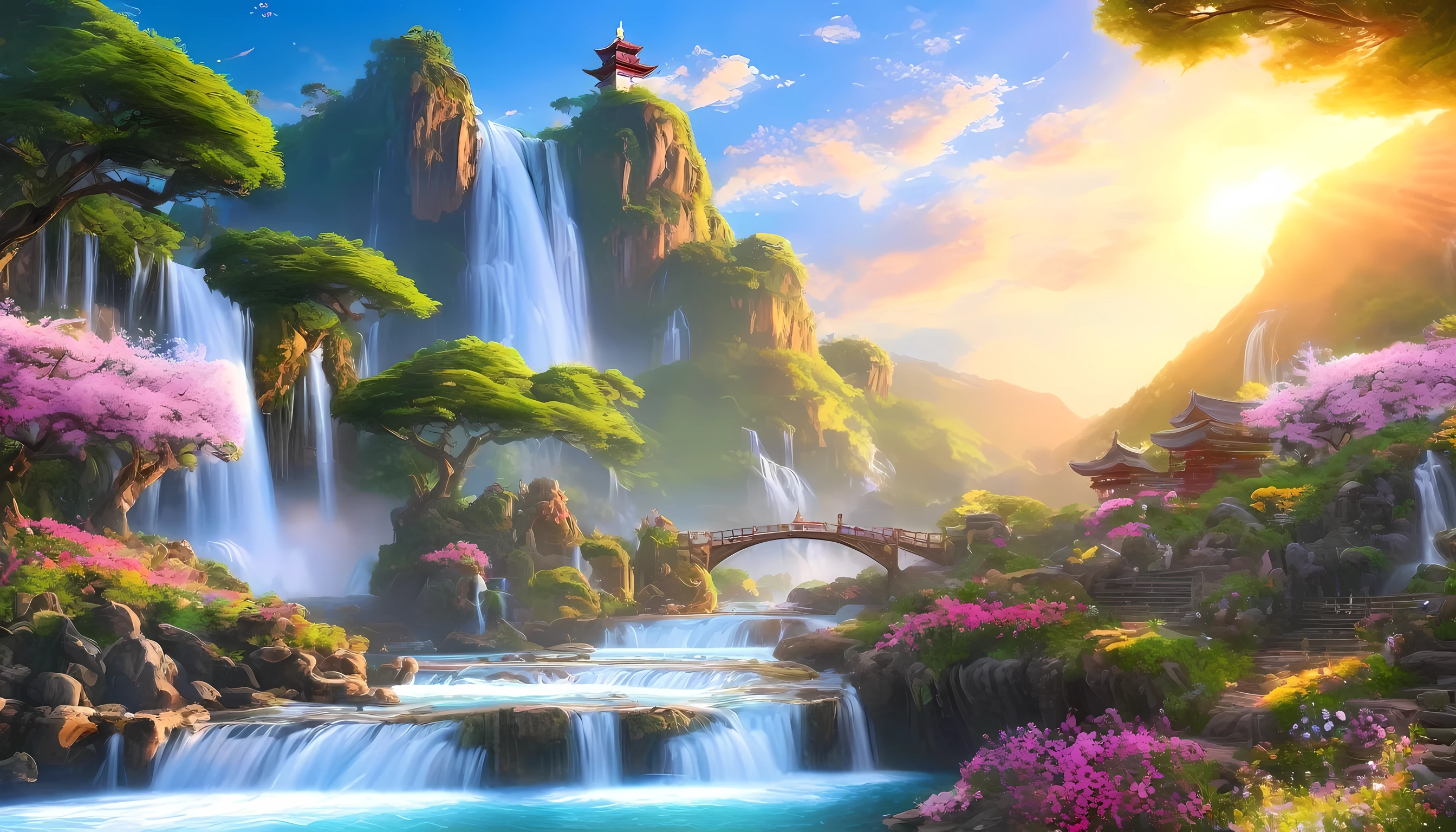 backgroundchinese style, background Immortal Immortal Sect Mountain, Eternal Light, Slightly elevated view, ((background:1.8))
(best quality,masterpiece, complicated,Very detailed,Practical,RAW photos,8k Ultra HD,Ultra-high resolution,photoPractical style,Movie Scenes, Clear focus,la lueur de,Very detailed CG Unity wallpaper) ,seam,Tower and waterfall,sunrise,