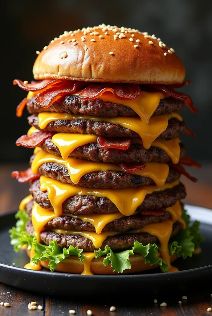 (photorealism:1.2), a large juicy burger with many 12 patties garlic butter, mozzarella cheese, cheddar cheese, lettuce, bacon on a black plate