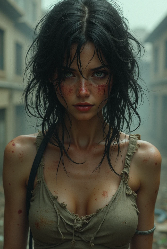 the same woman, just messy, without the glasses, with messy hair, torn clothes and bruised face