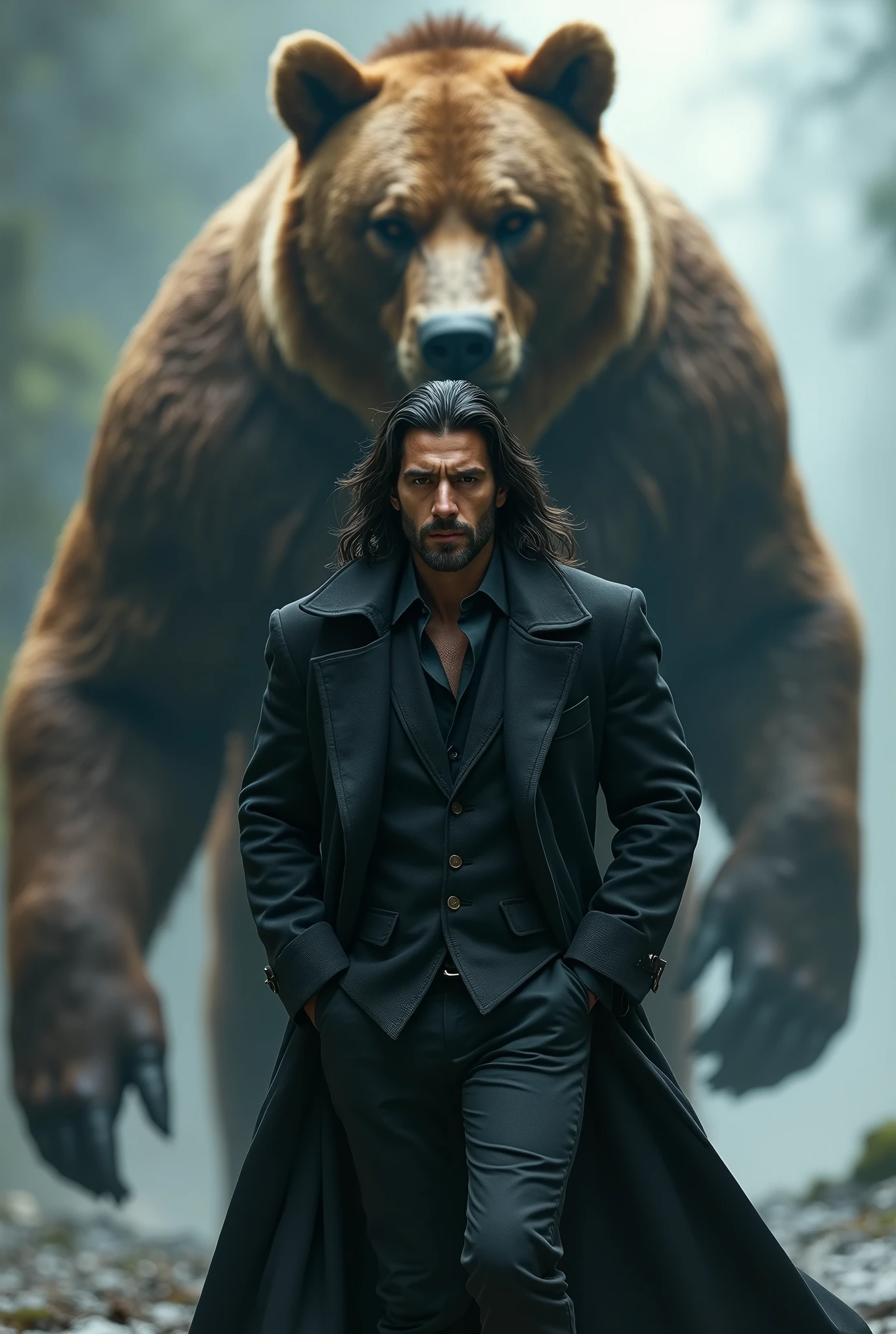 man resembling Can Yaman, long hair and strong look, in a flowing black coat walking with his hands in his pockets, with a huge brown bear behind him, going over your head