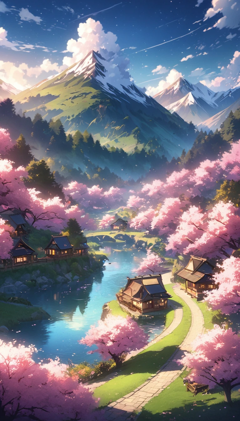 Draw a river and a small village, Beautiful peaceful scenes in anime, Very beautiful scenery, Landscape painting, Details of landscape art, とてもBeautiful digital art, The beauty of natural scenery, Beautiful Art Ultra HD 4K, Very beautiful photos, Beautiful Nature, Landscape Wallpaper, really Beautiful Nature, Beautiful digital art, 美しいbackground, cherry blossoms, Anime Style,528Hz,Sleep,Fatigue recovery,healing,universe,background