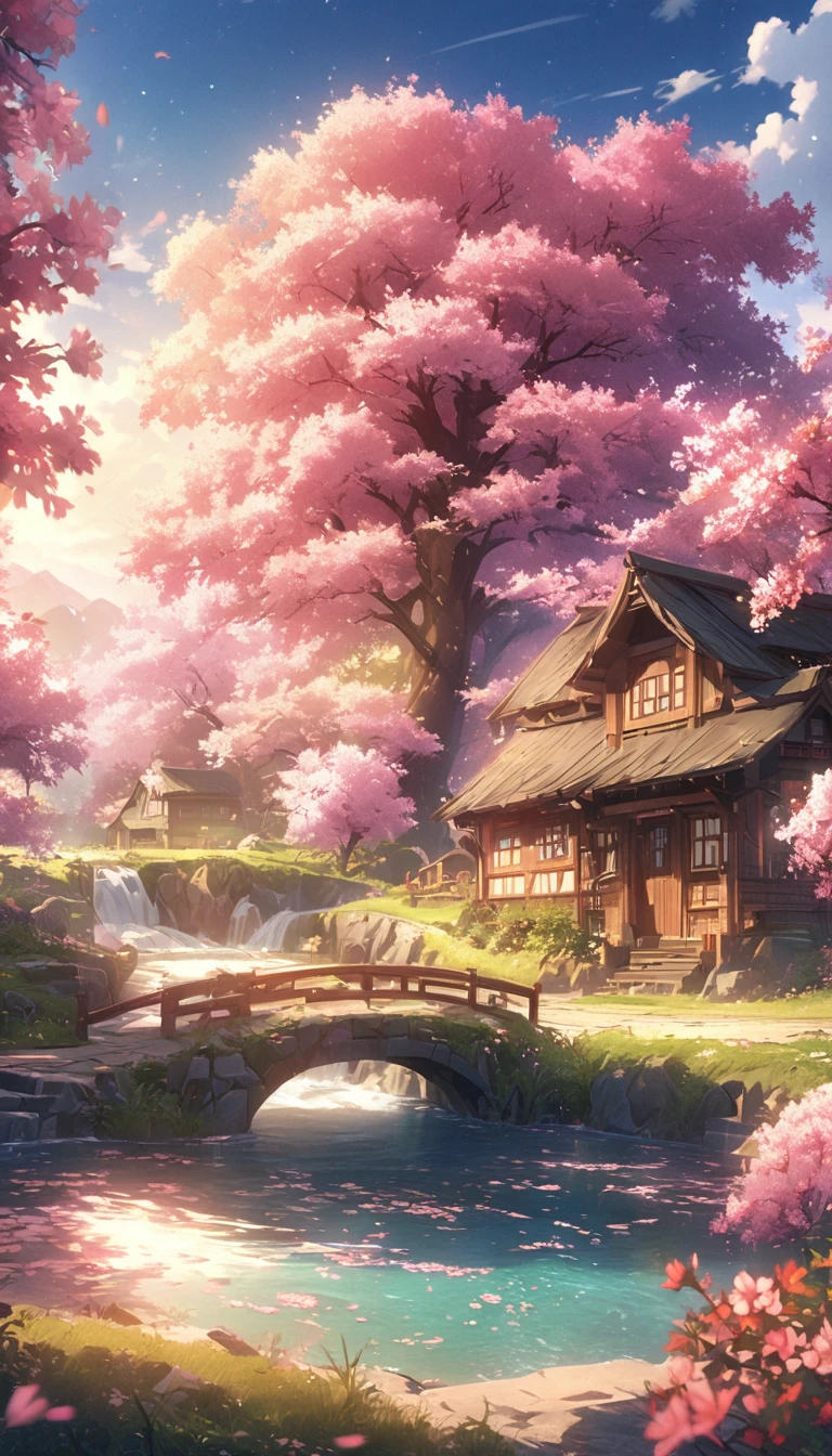 Draw a river and a small village, Beautiful peaceful scenes in anime, Very beautiful scenery, Landscape painting, Details of landscape art, とてもBeautiful digital art, The beauty of natural scenery, Beautiful Art Ultra HD 4K, Very beautiful photos, Beautiful Nature, Landscape Wallpaper, really Beautiful Nature, Beautiful digital art, 美しいbackground, cherry blossoms, Anime Style,528Hz,Sleep,Fatigue recovery,healing,universe,background
