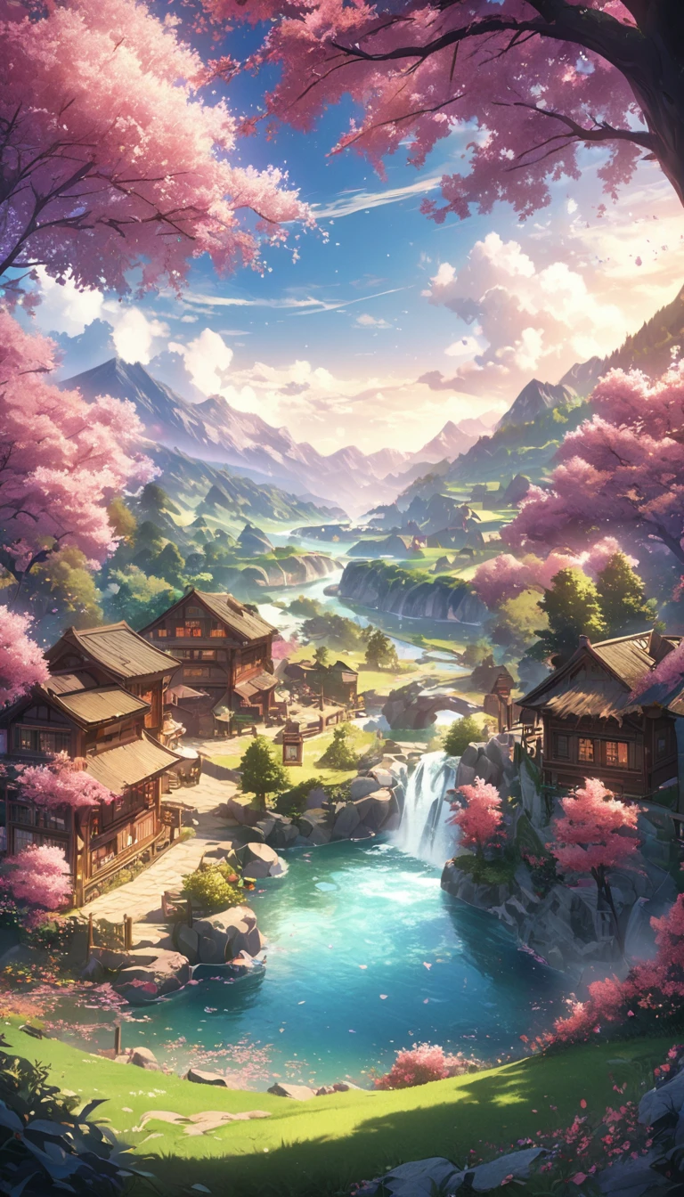 Draw a river and a small village, Beautiful peaceful scenes in anime, Very beautiful scenery, Landscape painting, Details of landscape art, とてもBeautiful digital art, The beauty of natural scenery, Beautiful Art Ultra HD 4K, Very beautiful photos, Beautiful Nature, Landscape Wallpaper, really Beautiful Nature, Beautiful digital art, 美しいbackground, cherry blossoms, Anime Style,528Hz,Sleep,Fatigue recovery,healing,universe,background