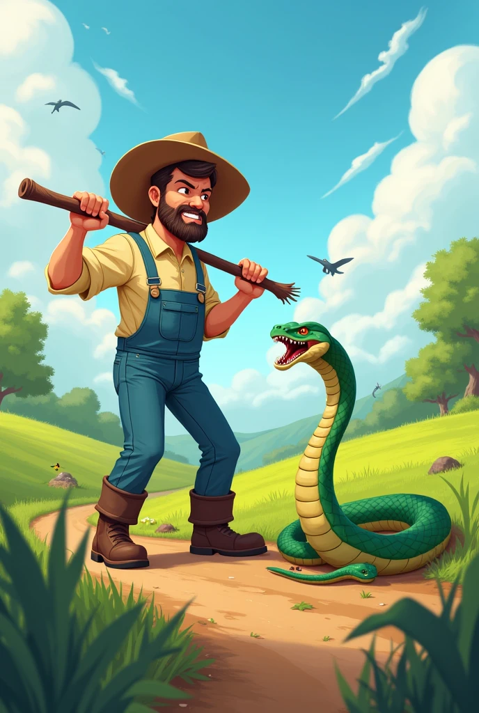 /imagine the farmer brought a stick and kill the snake at spot in cartoon style, --ar 3.2